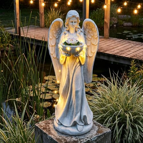 Outdoor Angel Statue with Birdbath, Garden Sculpture Decorations for Yard Patio Deck Home Entryway Hallway (Angel-Grey) - Image 4