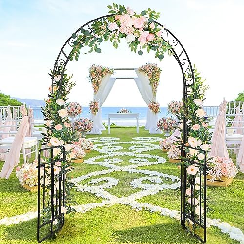 Garden Arbor with Gate, 7FT Wedding Arches for Ceremony, Metal Garden Arch for Climbing Plants Outdoor, Black Garden Archway for Lawn, Patio and Backyard, Includes Ground Stakes by Unknown