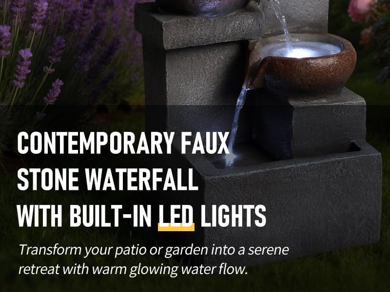 Freestanding Outdoor Water Fountain with Planter, Tiered Resin Design - Image 4