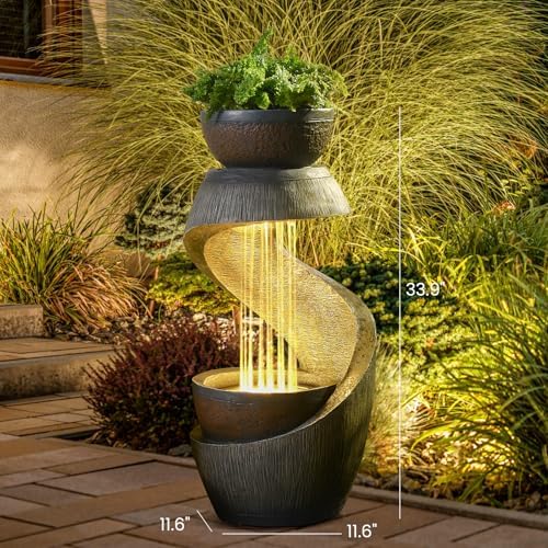 Outdoor Water Fountain with LED Lights, 31.9" Modern Resin Waterfall Fountain Outdoor, S-Shaped Garden Water Feature for Yard, Balcony, Home Decor, Patio Fountian and Waterfalls, Grey - Image 2