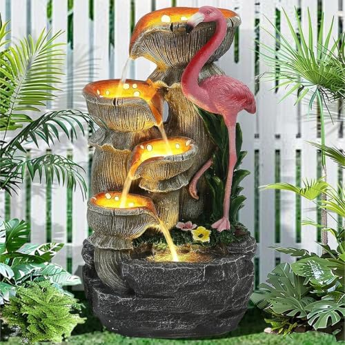Outdoor Water Fountain - 5 Tier Floor-Standing Cascading Garden Fountain, 25" H Indoor/Outdoor Flamingos Water Fountains with 5 LED Lights for Garden, Patio, Backyard and Home by UTOASIS