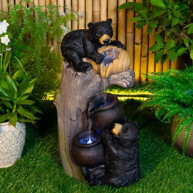 24" Outdoor Water Fountain with LED Lights, Bear Tree Stump Decor - Image 2