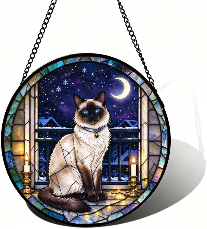 Stained Glass Window Hanging Balinese Cat Suncatcher Gifts for Girls 11.8" by Unknown
