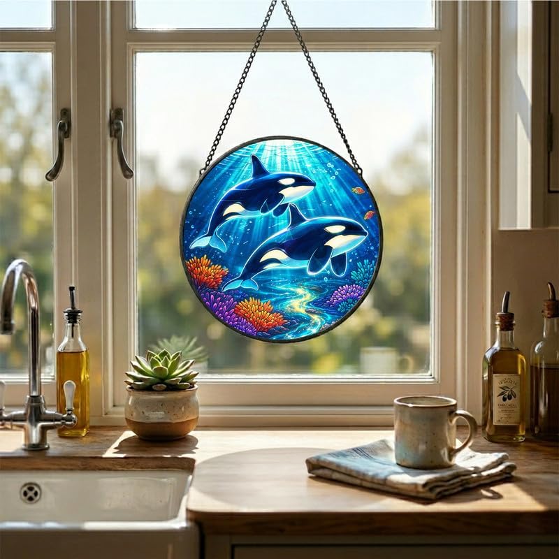 Stained Glass Window Hanging - 11.8" Orca Whale Ocean Scene Suncatcher Glass Panel, Home Decorative Hanging Ornament for Kitchen or Garden, Ideal Gift for Mother, Wife or Women - Image 4