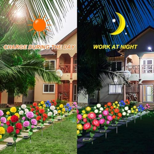 Solar Flower Lights Outdoor - Upgraded New Material Two Modes Realistic LED Solar Powered Waterproof Lights with 5 Roses, Solar Decorative Stake Lights for Garden (Multicolor, 4 Pack) - Image 5