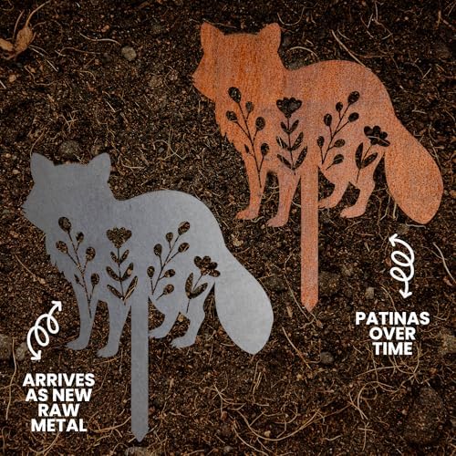Animal Floral Metal Garden Stake | Raw Metal Patinas Over Time | Yard Art Decor Spring Summer Decorations Flower Bed Plant Stakes Marker (Racoon) - Image 2