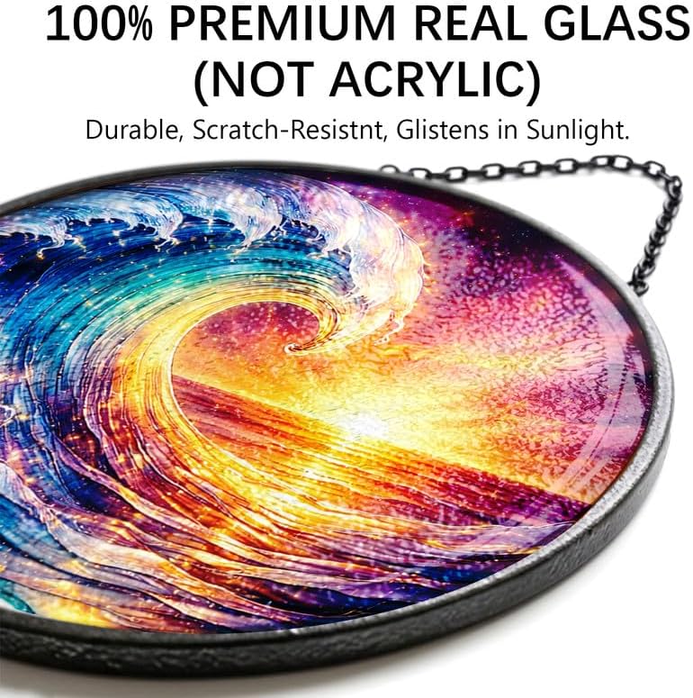Stained Glass Window Hanging - 11.8" Ocean Wave and Sunset Suncatcher Glass Panel, Home Decorative Hanging Ornament for Kitchen or Garden, Ideal Gift for Mother, Wife or Women - Image 2