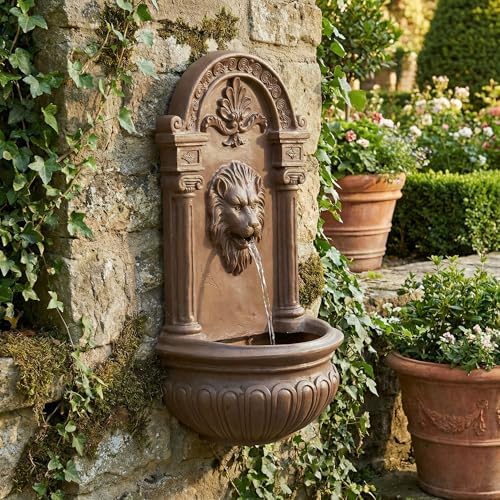 Aged Claystone Lion Head Wall Fountain – Classic Tuscan Outdoor Decor, Antique Brown Finish by AFD+Home