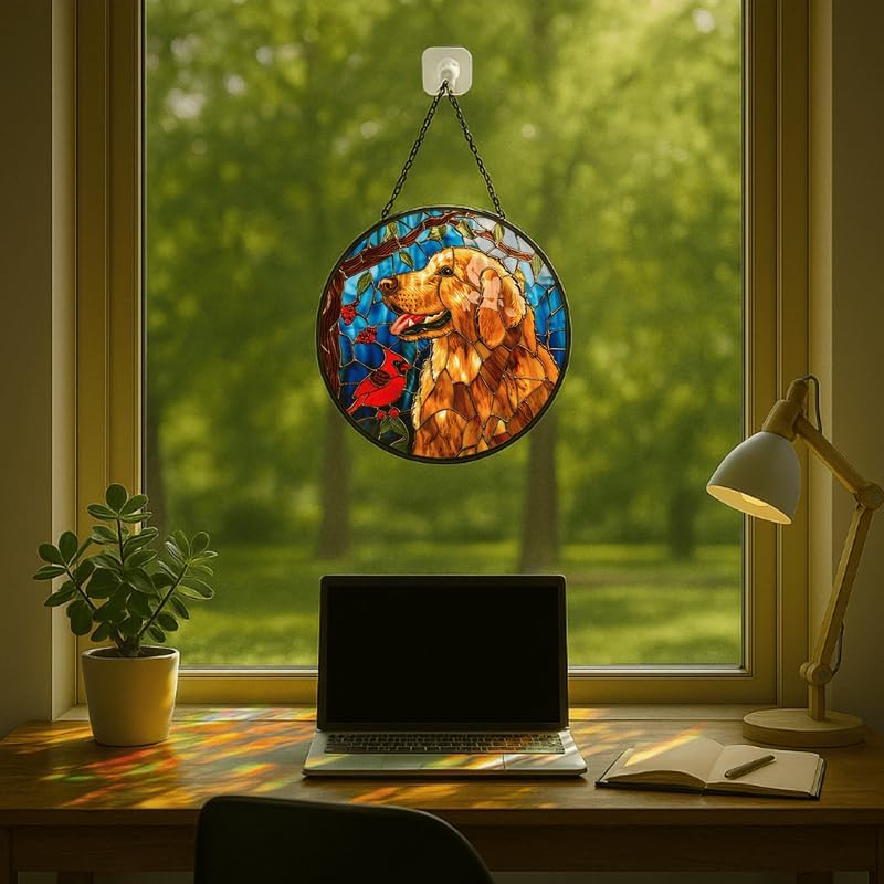 Stained Glass Window Hanging - Golden Retriever & Cardinal Bird 11.8in Sun Catchers Indoor Stained Glass Panels Wall Decor for Mom, Wife, Lovers, Festive - Image 5