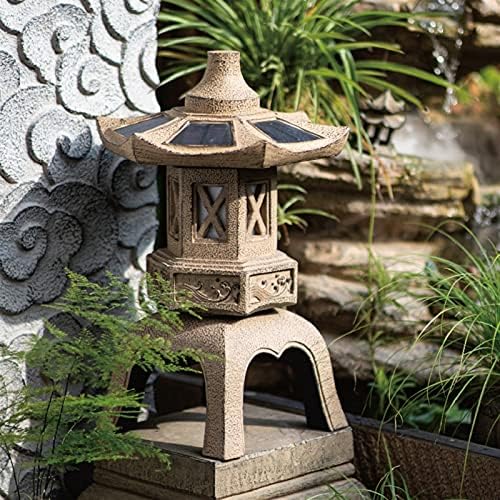 RAN 18.9in Tall Stone Pagoda Outdoor Statue, Waterproof Zen Japanese Lantern Garden Sculpture Solar Powered LED Light Outdoor Decor - Image 3