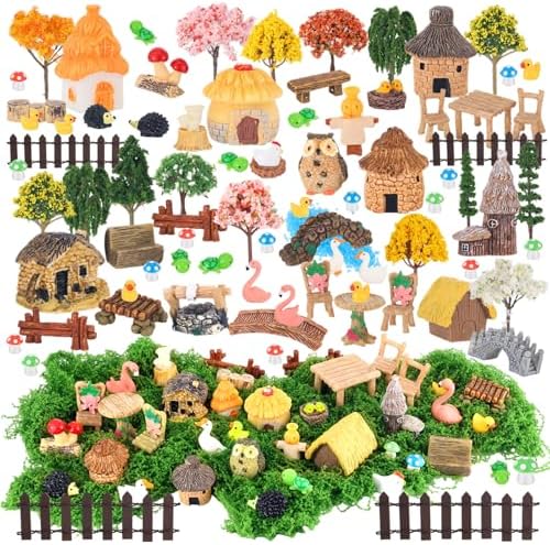84 Pcs Fairy Garden Accessories, Miniature Village Starter Kit with Moss Model Tree Tiny Resin Animal Figures, DIY Bonsai Micro Landscape Ornament for Terrarium Succulent Dollhouse Craft - Image 2