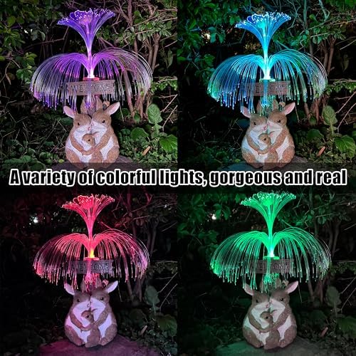 Solar Rabbit Garden Statues,Resin Rabbit Family Figurine with Welcome Card and 7-Color Changing Optical Fiber with Solar Lights, Lawn Decor Outdoor Statue for Patio,Balcony,Yard,Lawn - Image 6