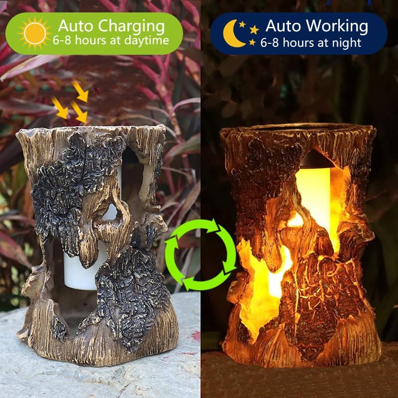 Solar Garden Lights, Flickering Stump Solar Flame Lantern Light Waterproof, Outdoor Stump On Fire Torch Light, Solar Powered Landscape Decoration Lighting for Patio Pathway Deck Yard (Natural) - Image 3