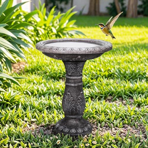 SunJet 24.4” H x 20” Dia Outdoor Birdbath with Intricate Floral Carvings Pedestal - Fibre Reinforced Concrete Birdbaths, Vintage Design for Garden Decor & Bird Attraction by SunJet