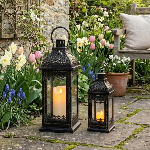 JHY DESIGN 13''&19.5''H Decorative Candle Lanterns Set of 2 Vintage Hanging Lantern Metal Candle Holder for Garden Living Room Indoor Outdoor Parties Weddings Balcony(Black with Gold Brush) - Image 5