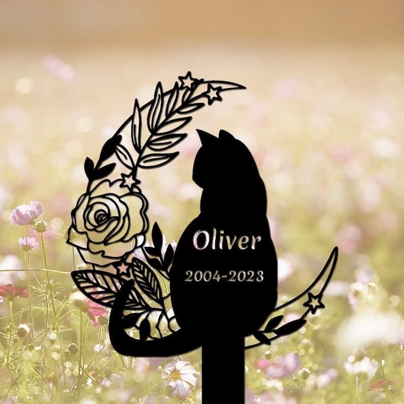 DINOMAN Personalized Cat Memorial Stake Cat Sitting on Floral Moon 12x12 inch Grave Marker Cat Loss Gift Sympathy Gift for Cat Lover (Cat) by DINOMAN