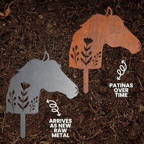 Animal Floral Metal Garden Stake | Raw Metal Patinas Over Time | Yard Art Decor Spring Summer Decorations Flower Bed Plant Stakes Marker (Horse) - Image 2