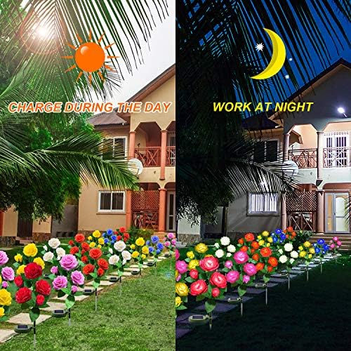 Solar Flower Lights Outdoor - Upgraded New Material Two Modes Realistic LED Solar Powered Waterproof Lights with 5 Roses, Solar Decorative Stake Lights for Garden (Pink, 2 Pack) - Image 4