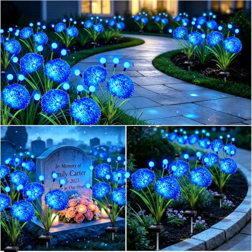 VOOKRY Solar Flowers Outdoor Waterproof, 2 Pack Blue Garden Lights with Swaying Firefly Lights, Flower Light Garden Decor for Yard Patio Pathway Lawn Grave, Gardening Gifts for Women Mother's Day - Image 5