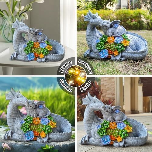 Solar Dragon Statue with LED Lights, Dargon Lover Gifts with Succulent and 6 LED Lights for Outdoor,Solar Dragon Decor for Yard, Garden and Patio, Unique Garden Statue for Mom Grandma - Image 5