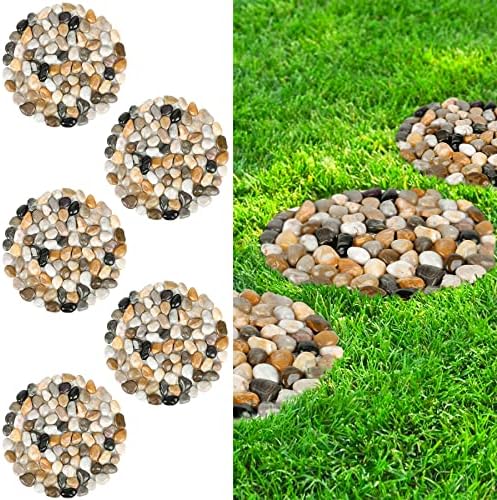 River Rock Stepping Stones Outdoor for Garden Walkway, 10 inch Diameter 5 Pcs Round Shape Paver Step Stones Polished Pebble River Stone Mat for Yard Lawn Patio Pathway Walk Way - Multi-Color by dojobkinb