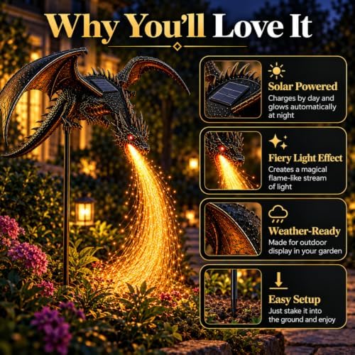 2027 New Solar Dragon Fire Garden Light, Dragon Garden Statue Stake with Breathing Fiber Optic Flame, Weatherproof Solar Outdoor Decor for Lawn, Pathway, Flower Bed & Patio (2PCS) - Image 3