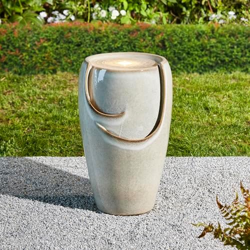 Glitzhome 21.25" H Ceramic Vase Outdoor Water Fountain Tall Patio Garden Water Fountain with LED Light and Submersible Pump Yard Art Decor, Sand Beige by Glitzhome
