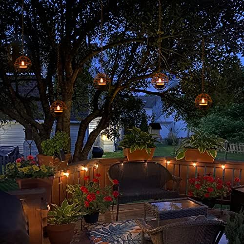 Solar Hanging Lanterns Outdoor Waterproof, Rust Iron Ball Candle Holder with Flickering Solar Powered Tea Lights, Perfect Chargeable Solar Lights for Backyard Patio Garden Fence Tree Decoration-4Pack - Image 6