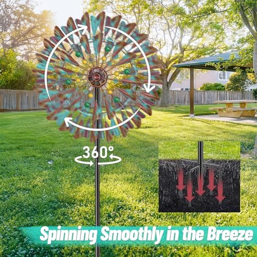 Wind Spinner Kinetic Wind Sculpture, 24.3"W x 79.3"H Large Metal Outdoor Windmill with 5‑Prong Stable Base, 360° Wind Catcher, Eye‑Catching Yard Art Decor for Patio Lawn Garden Backyard (Retro Green) - Image 3