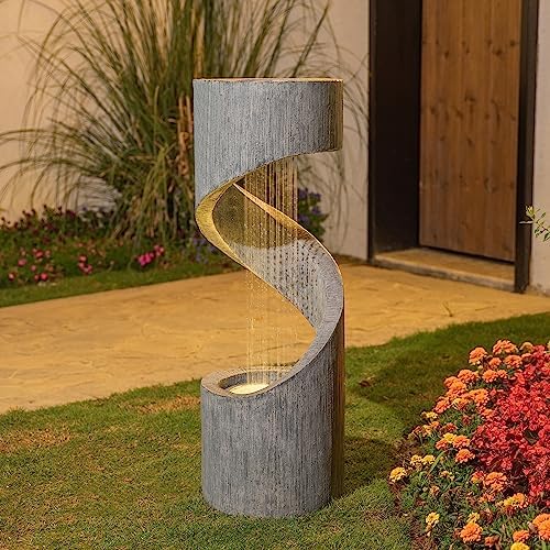 Glitzhome Outdoor Water Fountain with LED Light, Modern Spiral Tiered Outdoor Fountain with Stone Planter, Curved Freestanding Waterfall Fountains for Garden Patio Deck Porch, 40”H - Image 6