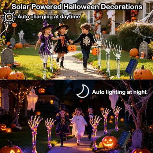 Solar Halloween Pathway Lights Outdoor - 5Pack Lighted Skeleton Arm for Outdoor Walkway Yard Garden Decorations, 250 LEDs Purple and Orange Halloween Solar Pathway Stake Lights Decor, 8 Modes - Image 2