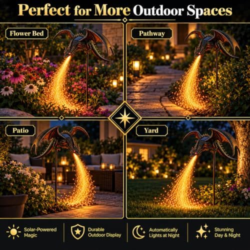 2027 New Solar Dragon Fire Garden Light, Dragon Garden Statue Stake with Breathing Fiber Optic Flame, Weatherproof Solar Outdoor Decor for Lawn, Pathway, Flower Bed & Patio (2PCS) - Image 7