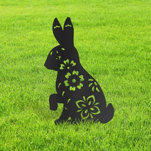 Floral Bunny Metal Garden Stake Decorative, Floral Cutout Design Silhouette Statues for Yard Art, Outside, Patio, Outdoor Decor, Garden Decorations, Lawn Ornaments - 14" Black by SIGNLEADER