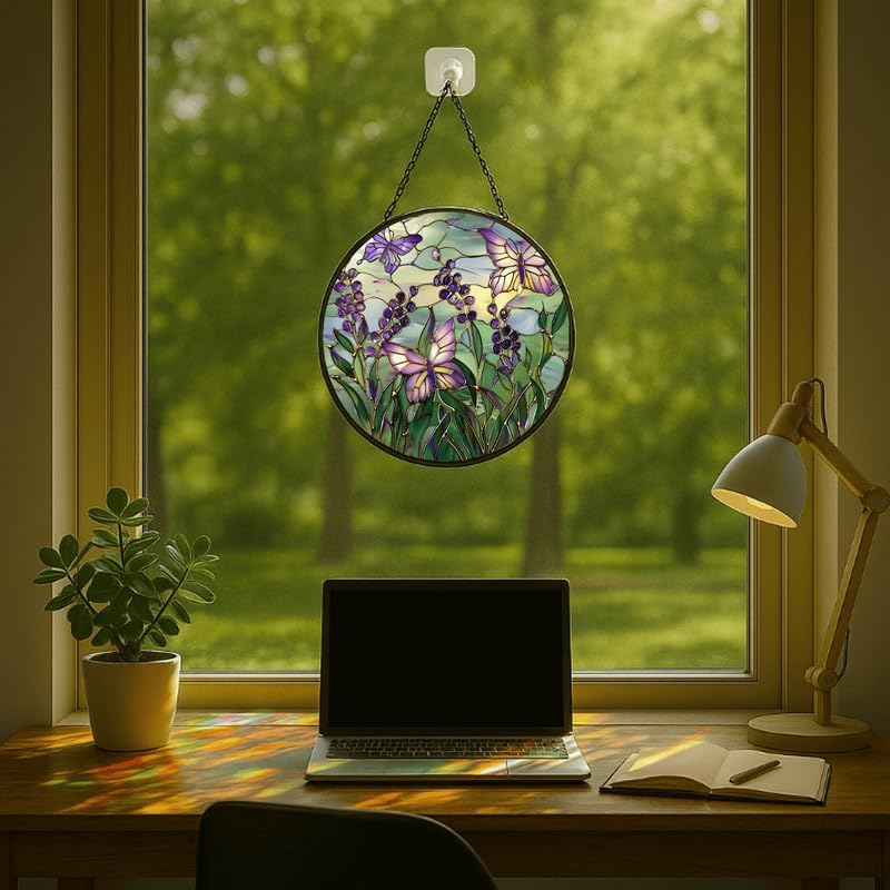 Purple Berries and Butterflies Stained Glass Window Hanging Panel – 11.8in Floral Nature Suncatcher Wall Art for Home Window Decor and Gift - Image 5