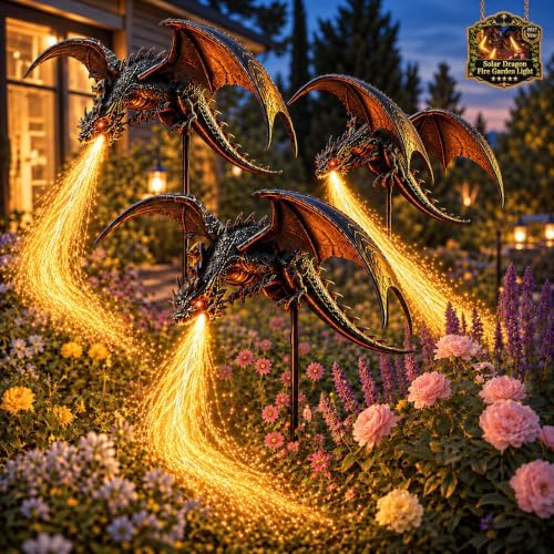 2027 New Solar Dragon Fire Garden Light, Dragon Garden Statue Stake with Breathing Fiber Optic Flame, Weatherproof Solar Outdoor Decor for Lawn, Pathway, Flower Bed & Patio by Unknown