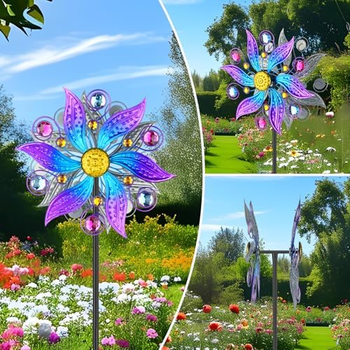 Violet Metal Wind Spinner Outdoor, Kinetic Yard Art with Stake - Image 5