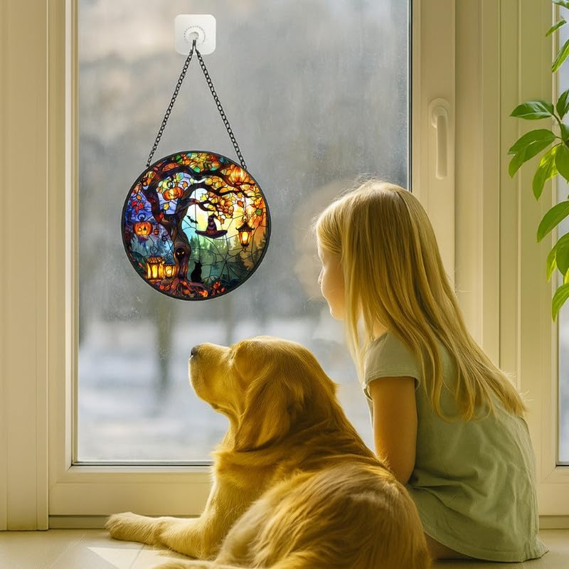 Stained Glass Window Hanging - 11.8in Pumpkin Lanterns and Black Cat Under Magic Tree with Witch Hat Sun Catchers Panel for Indoor Decorative Display for Mom, Wife, Lovers, Festive - Image 3