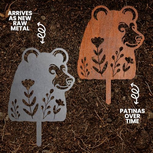 Animal Floral Metal Garden Stake | Raw Metal Patinas Over Time | Yard Art Decor Spring Summer Decorations Flower Bed Plant Stakes Marker (Bear) - Image 2