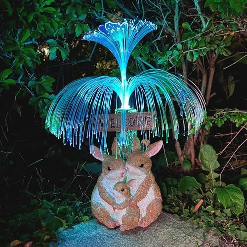 Solar Rabbit Garden Statues,Resin Rabbit Family Figurine with Welcome Card and 7-Color Changing Optical Fiber with Solar Lights, Lawn Decor Outdoor Statue for Patio,Balcony,Yard,Lawn - Image 3