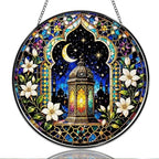 Stained Glass Window Hanging Lantern Moon and Star Floral Pattern Sun Catchers Colorful Islamic Moroccan Style Suncatchers for Home Porch Garden Indoor & Outdoor Decor (9.8x9.8 in) by Unknown