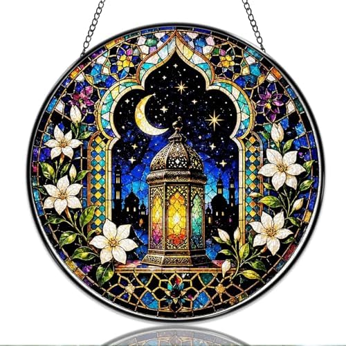 9.84 Inch Stained Glass Window Hanging Lantern Moon and Star Floral Pattern Sun Catchers Colorful Islamic Moroccan Style Suncatchers for Home Porch Garden Indoor & Outdoor Decor by Unknown