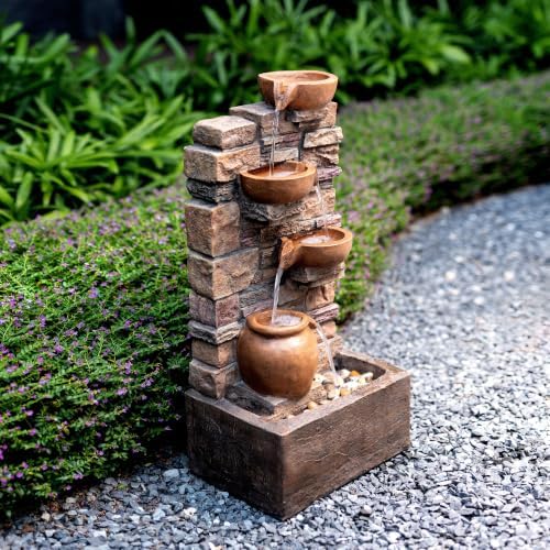 Teamson Home 28.5" Outdoor 4-Tier Stacked Stone Fountain, Brown - Image 7