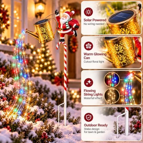 Solar Christmas Santa Watering Can Light, Outdoor Garden Stake Decor，2PC - Image 3