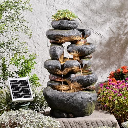 5 Tiers Cascading Solar Water Fountain Outdoor Fountain with LED Lights by KAISOKUFOUNTAIN