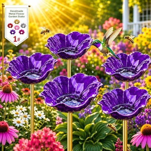 Metal Flower Garden Stakes, Mini Bird Bath and Bee Watering Station with Detachable Copper-Tone Stake, Shallow Alloy Flower Bowl for Garden Yard Patio Butterfly Puddler Decor Gift (Purple, 5 Pcs) by Unknown