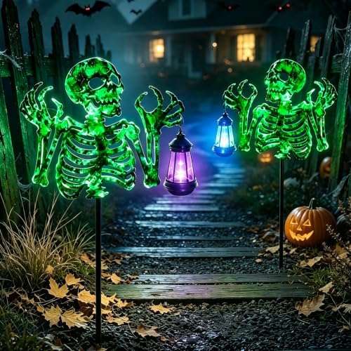 Halloween Skeleton Decorations Outdoor,Spooky Green Glowing Iron Skull - Image 6
