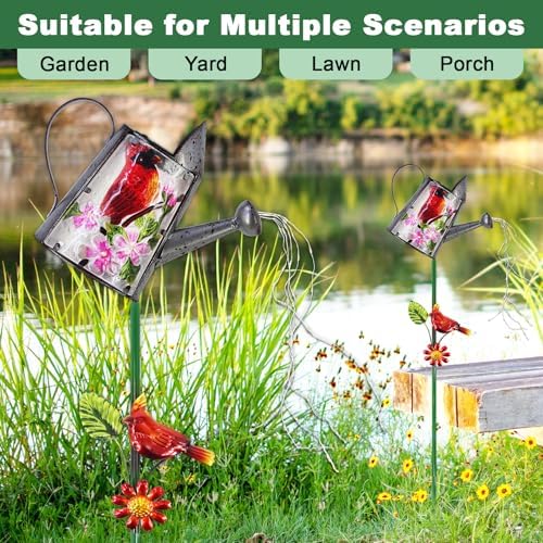 Garden Solar Lights Outdoor, Metal Watering Can Garden Stake Lights Cardinal Bird Decor Glass Art for Walkway, Pathway, Yard, Lawn - Image 4