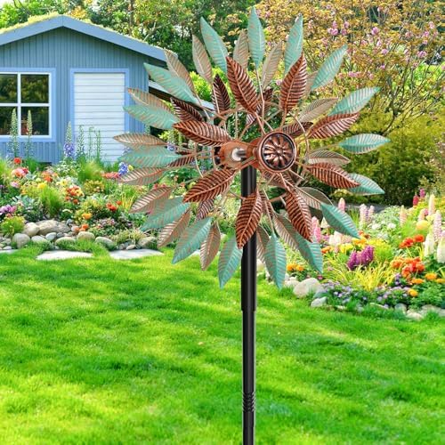 Wind Spinners Outdoor, 360° Metal Windmills for Yard Garden Art Decor, Kinetic Wind Sculptures with 5 Stake for Lawn Patio Outside Ornaments, 13.7" W x 64.3" H (Green+Brown) - Image 6