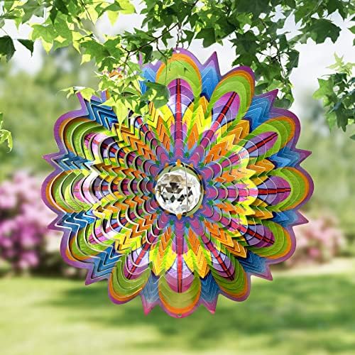 FONMY Mandala Wind Spinner w/Crystal Ball-Bloosom 3D Stainless Steel Suncatcher Hanging Spinners Worth Gift Christmas Decoration Indoor/Outdoor Garden Décor Kinetic Yard Art 12 Inches Wind Sculpture - Image 4