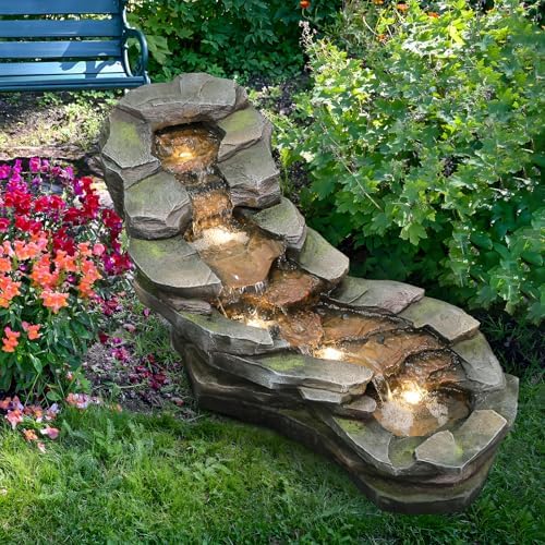 Sunlinua 49" L Water Fountain Outdoor 5-Tiers Rock Natural Waterfall Fountains Floor Standing Water Features with LED Lights for Garden, Patio, Porch, Home Art Decor - Image 7